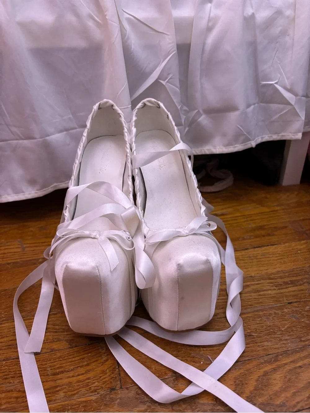 Sugar Thrillz White Satin Ribbon Lace-Up Platform Heels